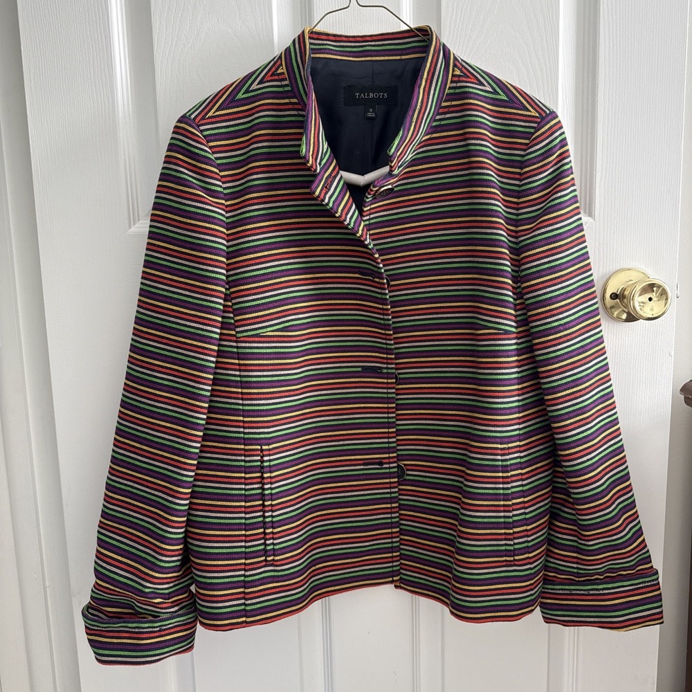Talbots Women's Blazer 14 Multicolor Striped Long Sleeve Cotton Lined